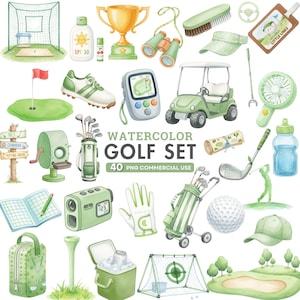 Watercolor golf clipart PNG featuring golf ball, golf club, and golf cart for digital projects, printable crafts, and sports hobby designs.