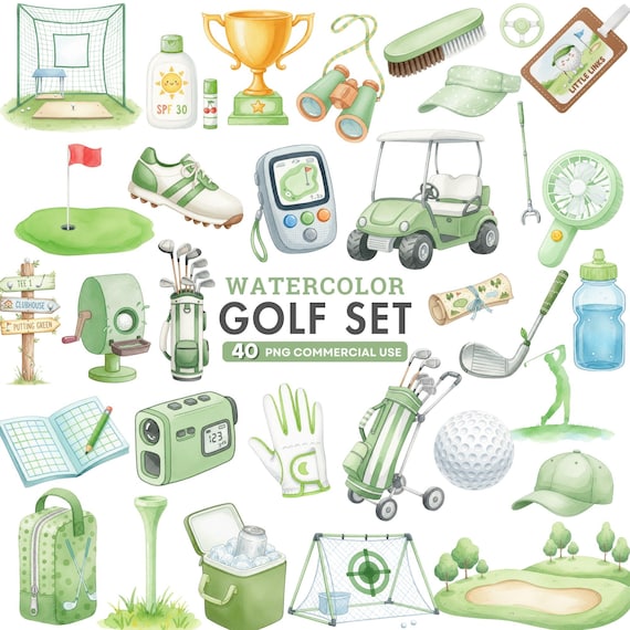 Watercolor Golf Clipart, Golf Ball Png, Golf Club, Sports Clipart, Fathers Day Golf Art, Sports Hobby PNG, Printable Digital, Commercial Use