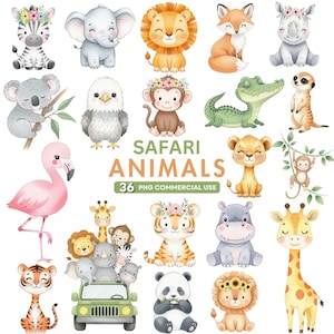 Akwarele ze zwierzętami safari, grafika ścienna do pokoju dziecięcego ze zwierzętami dżungli w formacie PNG, Baby Shower, pobieranie cyfrowe