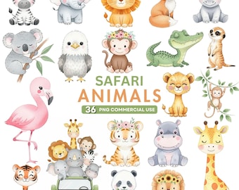 Watercolor Safari Animals Clipart, Jungle Animals Nursery Art PNG, Baby Shower, Digital Download