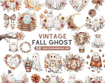 Vintage höstspöke Clipart, Boho Halloween-spöke PNG, akvarell blommig spöke Clip Art, höstens Cottagecore-spöken, sublimering av kusliga säsonger