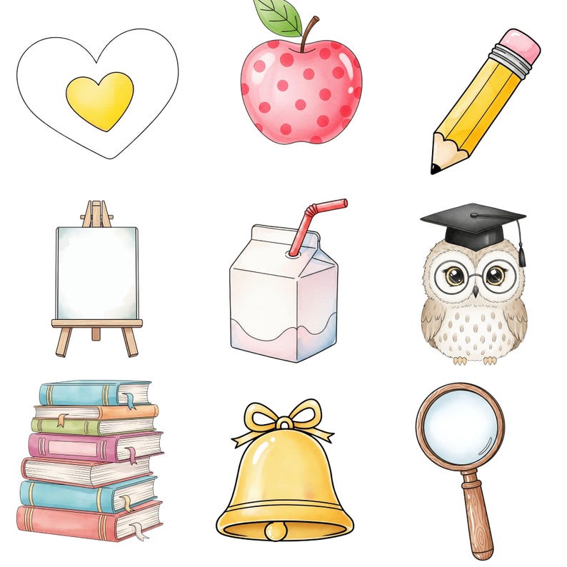 Education clipart in retro groovy style, perfect for teachers, includes kawaii supplies, chalkboard, crayons, and classroom PNG graphics.