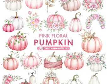 Herbst Kürbis Clipart, Rosa Blumen Kürbis PNG, Kokette Kürbisse, Aquarell Herbst Clipart, Girly Herbst Clipart, Kürbis, kommerzielle Nutzung