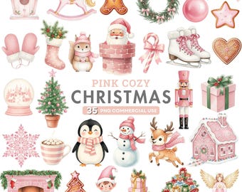 Pink Christmas Clipart, Cute Christmas PNG, Pink Santa Clipart, Coquette Christmas, Watercolor Clipart, Girly Christmas PNG, Cozy Christmas