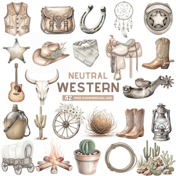 Cowboy Clipart, Neutral Western Clipart, Cowboy PNG, Cowgirl Clipart, Cactus PNG, Cowboy Hat PNG, Rustic Western Art, Watercolor Western Png