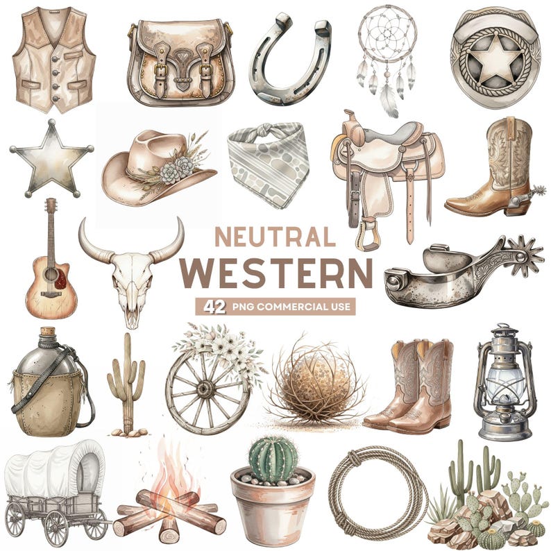 Neutral western watercolor clipart set featuring cowboy hats, cowgirl boots, cactus, and rustic desert elements in soft earthy tones.