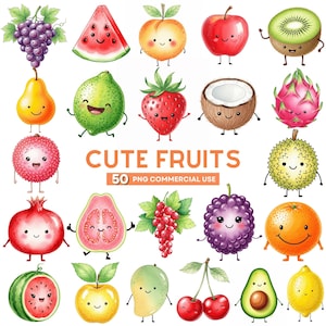 Cute Fruit Clipart, Kawaii Fruit Png, Watercolor Food Clip Art, Summer Fruits Illustration, Apple Strawberry Orange, Clipart Commercial Use