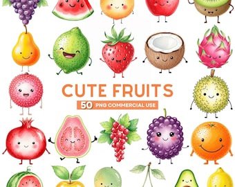 Cute Fruit Clipart, Watercolor Food Clipart, Kawaii Fruit Png, Summer Fruits Illustration, Apple Strawberry Orange, Commercial Use Clipart