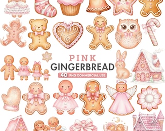 Pink Gingerbread Clipart, Watercolor Christmas PNG, Gingerbread Cookies, Gingerbread House, Cute Christmas Clipart, Pastel Holiday Art