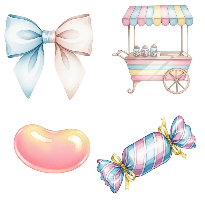 Whimsical dessert PNG set with pastel sweets including cupcake, macaron, cotton candy, and candyland castle, hand-painted in watercolor