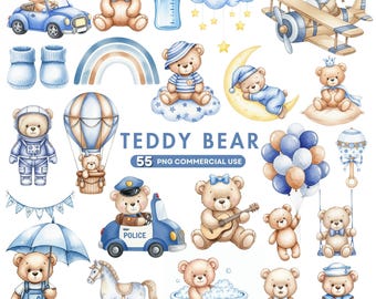 Puede incluir: Ilustraciones en acuarela de osos de peluche en varias situaciones, como conducir un coche, volar un avión y tocar instrumentos musicales. La imagen presenta un esquema de color azul y marrón, con un biberón, un arcoíris y un globo aerostático.