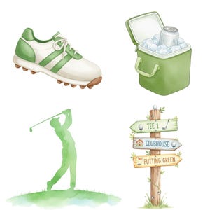 Watercolor golf PNG set for sports enthusiasts, featuring golf clubs, golf balls, and carts for digital art, planners, and craft projects.
