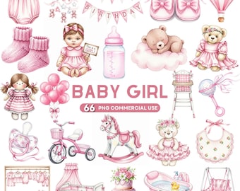 Watercolor Baby Girl Clipart Set: Boho Nursery PNG Graphics (Digital Download