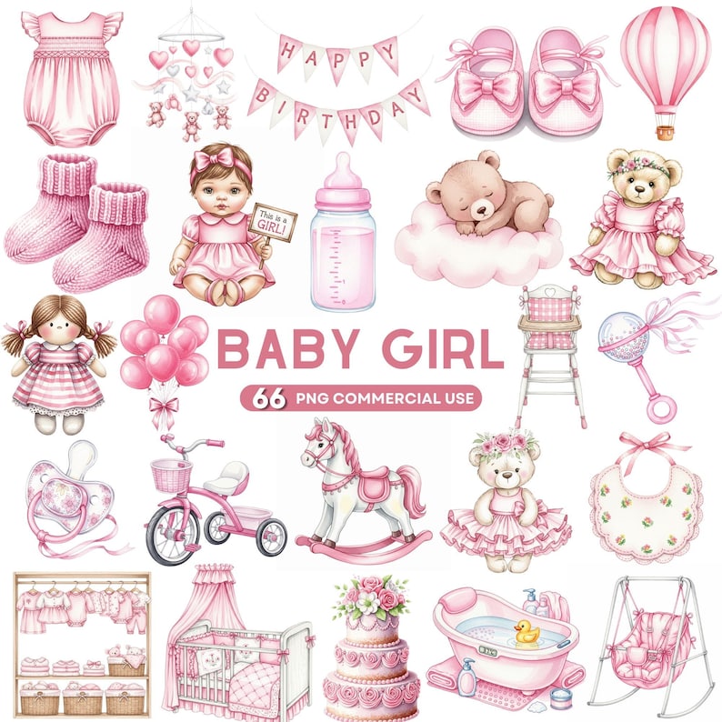 Watercolor Baby Girl Clipart Set: Boho Nursery PNG Graphics (digital ...