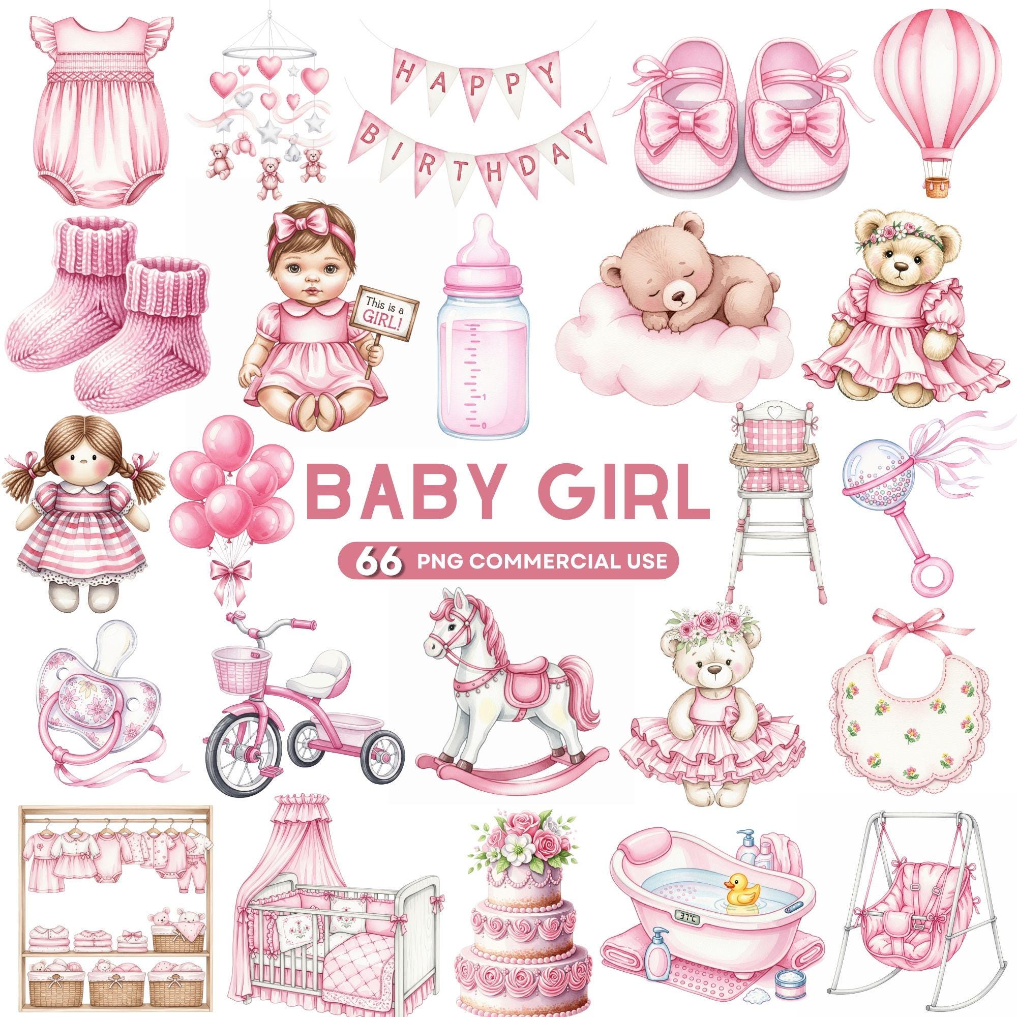 Watercolor Baby Girl Clipart Set: Boho Nursery PNG Graphics (digital ...