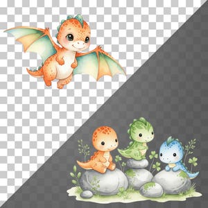 Baby dinosaur watercolor illustrations in PNG format for commercial use, perfect for baby shower stationery and kids’ room art.