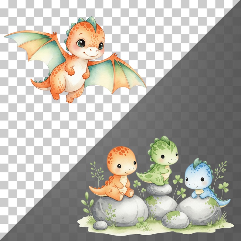 Baby dinosaur watercolor illustrations in PNG format for commercial use, perfect for baby shower stationery and kids’ room art.