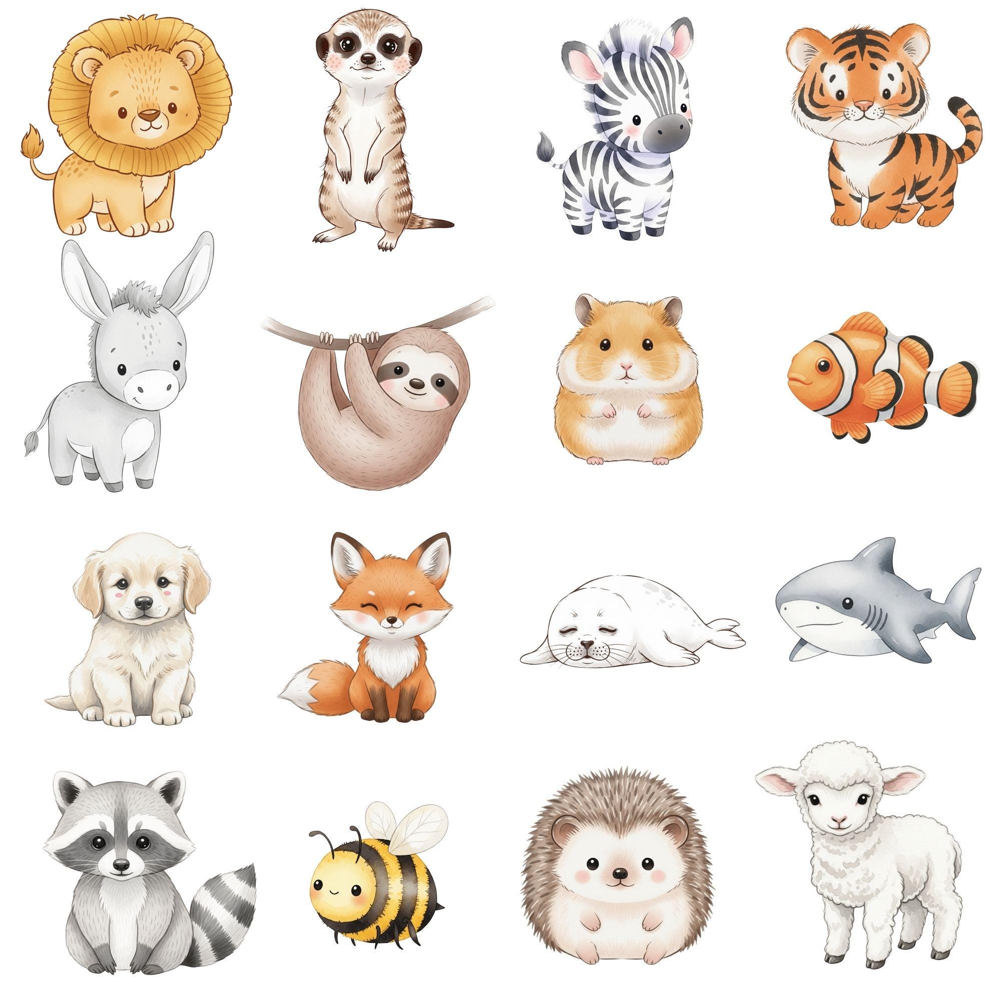 Cute Animals Clipart, Baby Animal PNG, Watercolor Animal Clipart Bundle ...