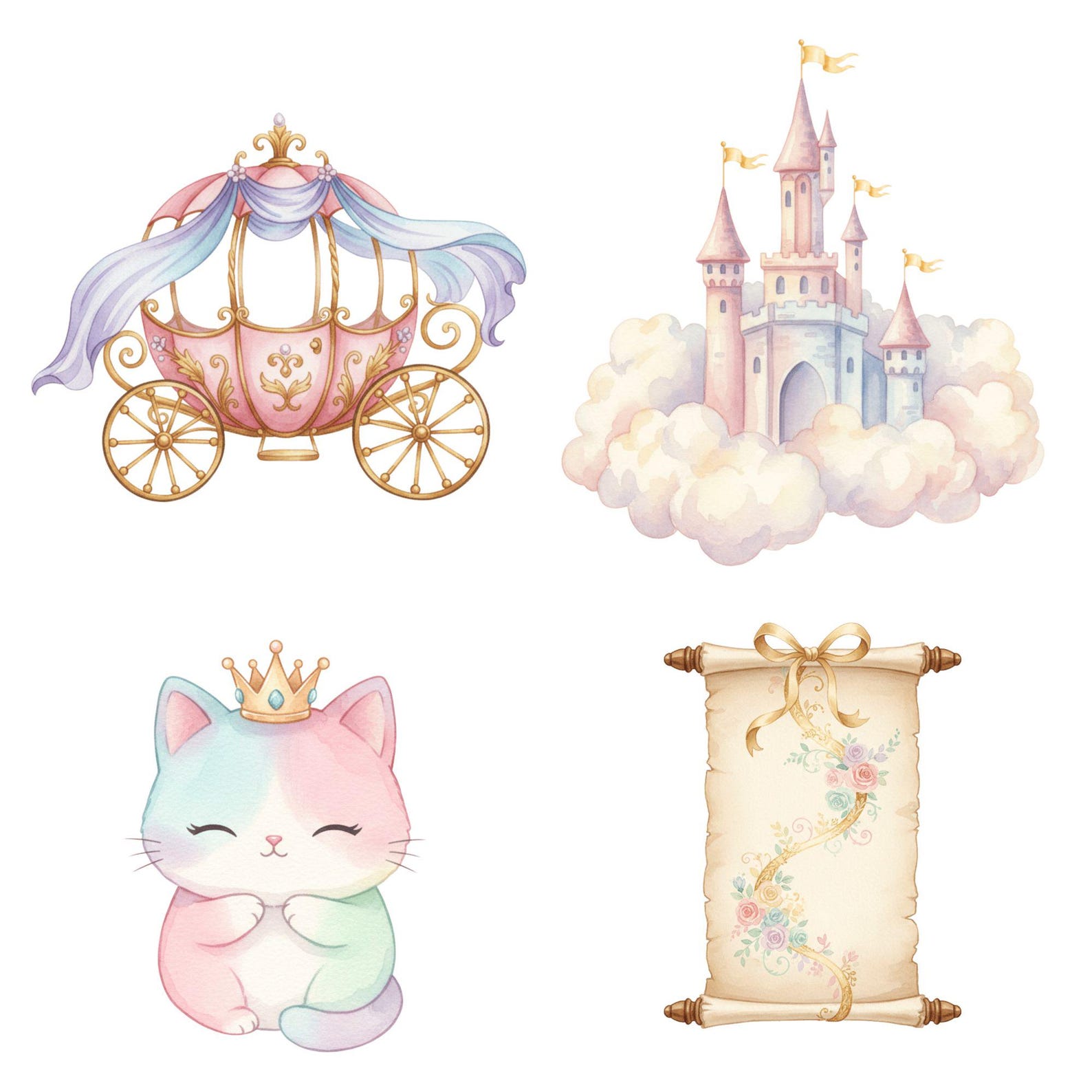 Watercolor Princess Clipart, Cute Princess PNG Bundle, Fairytale Castle ...