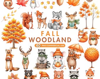 Watercolor Fall Animals Clipart: Woodland Baby Shower PNG Bundle
