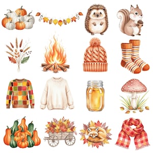 Cozy Planner Clipart with watercolor fall leaves, pumpkins, and autumn flowers perfect for scrapbooking and journaling.