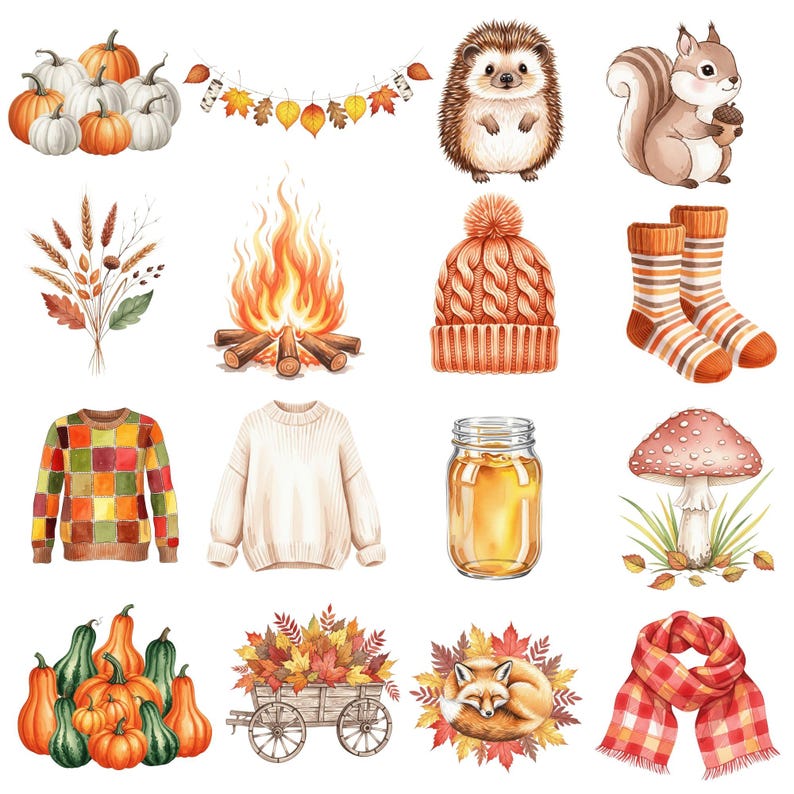 Cozy Planner Clipart with watercolor fall leaves, pumpkins, and autumn flowers perfect for scrapbooking and journaling.