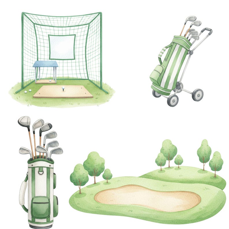 Hand-painted watercolor golf art including golf balls, clubs, and carts, designed for digital download, printable crafts, and Father’s Day gifts.
