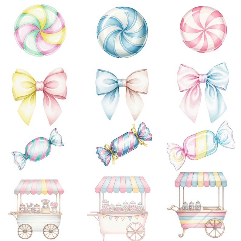 Cute pastel sweets clipart with candy castle, ice cream cones, cupcakes, and marshmallows, perfect for party invitations and kids decor