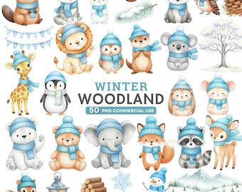 Winter bos clipart, aquarel winter dieren, besneeuwde bosdieren, schattige bosdieren png, kerst clipart, commercieel gebruik png