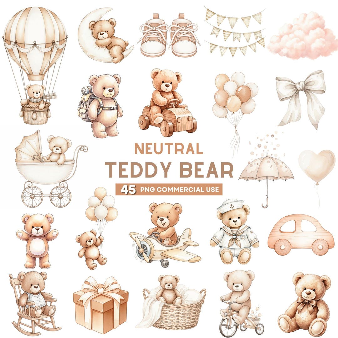 Teddy Bear Clipart, Neutral Boho Baby Shower Clipart, Watercolor Teddy ...