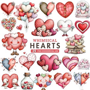 Puede incluir: Una colección de ilustraciones de corazones caprichosos en varios estilos y colores. Algunos corazones están cosidos, algunos tienen lunares y otros tienen texto. La imagen incluye el texto "Whimsical Hearts" y "25 PNG Commercial Use."
