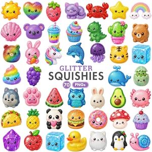 May include: A collection of 70 glitter squishies featuring various characters and objects including a sun, heart, strawberry, cat, crab, star, rainbow, shell, koala, drink, cupcake, dinosaur, cactus, bear, bunny, unicorn, dolphin, jellyfish, tiger, and ice cube.