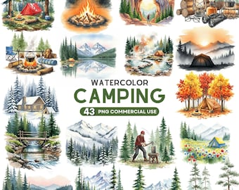 Aquarell Camping Clipart, Berg Clipart, Landschaft PNG, Wandern Clipart, Wald, Zelt, Lagerfeuer, See, Outdoor Abenteuer, kommerzielle Nutzung