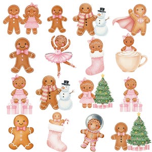 Watercolor pink Christmas cookies clipart bundle featuring cute gingerbread man and girl for festive art projects.