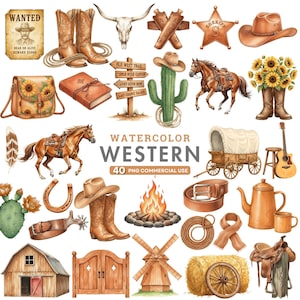 May include: Watercolor illustration of various Western-themed elements. Includes cowboy boots, hats, a sheriff's star, a horse, a cactus, a wanted poster, a wagon, a campfire, and a barn.