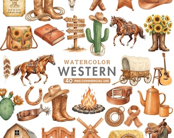 Watercolor Western Clipart, Rustic Cowboy Clipart, Cowgirl Hat Boots PNG, Boho Ranch Aesthetic Art, Wild West Cactus, Country Sublimation