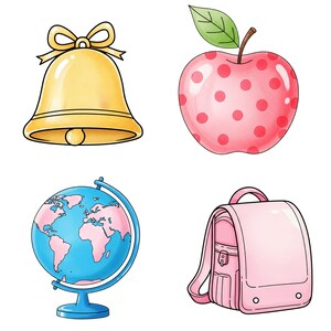 Pastel retro school clipart for teacher crafts, featuring cute kawaii supplies like apple, backpack, pencil, and education elements.