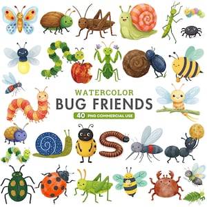 Pode incluir: Ilustração em aquarela de vários insetos amigáveis, incluindo uma borboleta, uma joaninha, uma abelha e uma lagarta. A imagem apresenta o texto "WATERCOLOR BUG FRIENDS" e "40 PNG COMMERCIAL USE". Os insetos são coloridos e de desenho animado.