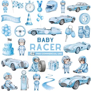 Little Racer Clipart, Blue Baby Racer Clipart, Cute Race Car Clipart, Watercolor Race Car PNG, Boy Baby Shower Clipart, Kids Birthday Decor