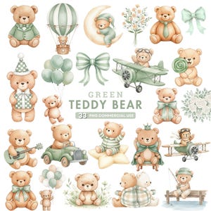 Könnte beinhalten: Eine Sammlung von Aquarellillustrationen mit Teddybären in verschiedenen Posen und Umgebungen. Die Bären sind mit Accessoires wie Luftballons, Flugzeugen und Schleifen in Grün- und Beigetönen dargestellt. Der Text lautet "GREEN TEDDY BEAR" und "33 PNG COMMERCIAL USE."