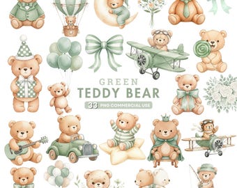 May include: A collection of watercolor illustrations featuring teddy bears in various poses and settings. The bears are depicted with accessories like balloons, airplanes, and bows, in shades of green and tan. Text reads "GREEN TEDDY BEAR" and "33 PNG COMMERCIAL USE."