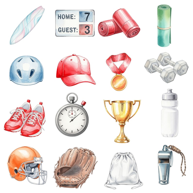 Football Clipart in vibrant watercolor style, including helmet and ball elements, great for kids’ sports activities and DIY crafts.