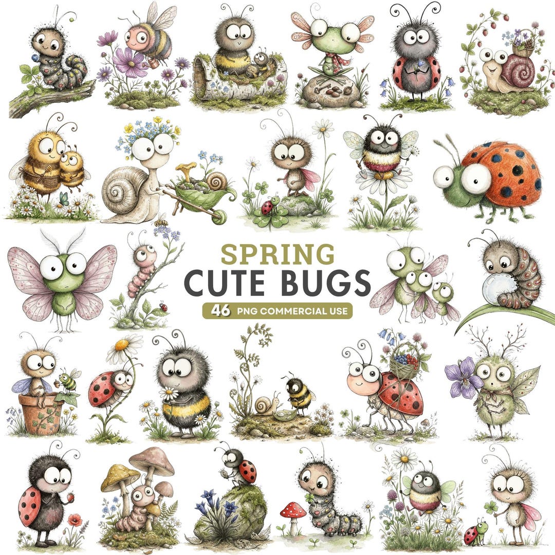 Spring Bug Artwork Spring Bug Clipart Bundle, Watercolor Insects PNG, Cute Butterfly - Bee ...