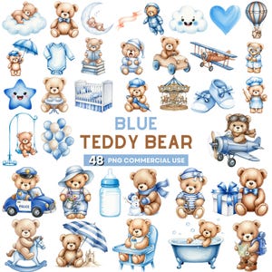 Clipart z niebieskim misiem, Clipart z akwarelowym baby shower, Clipart z małym chłopcem, Niedźwiadek PNG, Śpiący miś, Clipart z boho misiem