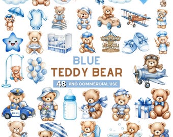 Puede incluir: Una colección de ilustraciones en acuarela con osos de peluche en varias poses y entornos. Las imágenes incluyen osos con accesorios y juguetes, con un esquema de color azul. El texto dice "BLUE TEDDY BEAR" y "48 PNG COMMERCIAL USE".