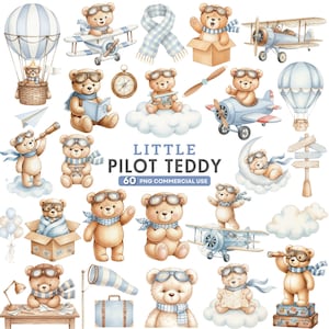 Puede incluir: Ilustraciones en acuarela de osos de peluche con equipo de aviador, con aviones, globos aerostáticos y nubes. Se muestra el texto "Little Pilot Teddy". Las imágenes están en colores pastel suaves, adecuadas para diseños infantiles.