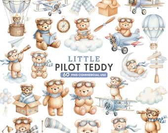 Aviator Teddy Bear Clipart, Flying Teddy Bear PNG, Watercolor Airplane Baby Shower, Blue Pilot Bear, Baby Boy Nursery Art, Commercial Use