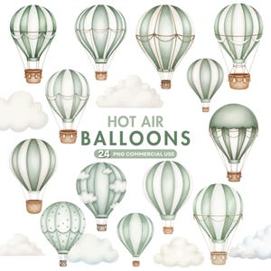 Może przedstawiać: Akwarelowe ilustracje balonów na ogrzane powietrze w kolorach bieli i szałwii, w różnych rozmiarach i wzorach. Obraz zawiera tekst "HOT AIR BALLOONS" i "24 PNG COMMERCIAL USE". Balony mają brązowe kosze i są na białym tle.