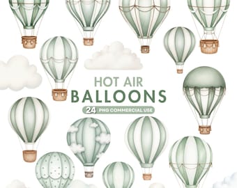 Clipart di mongolfiera, clipart di mongolfiera verde, acquerello di un neonato, clipart di baby shower, decorazioni da parete per la cameretta dei bambini, palloncino vintage