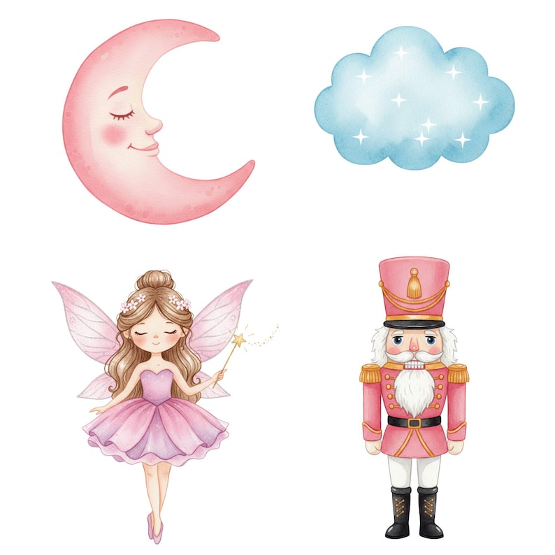 Hand-painted Pink Nutcracker ballerina clipart in pastel colors, featuring festive holiday characters like the Mouse King and Sugar Plum Fairy for creative projects.
